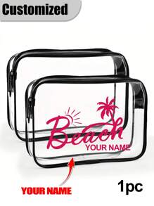 1 st Aangepaste naam strandpatroon toilettas Transparante reis toilettas, Transparante cosmetische tas, Draagbare buitenreis cosmetische opbergzakken, Multifunctionele verdikte PVC opbergzakken, Voor reizen, Unisex, Kan worden meegenomen in het vliegtuig, Must-Have voor postbodes, Must-Have voor terug naar school
