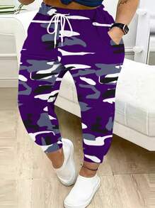 Plus Size Women's Fashion Camo Print Drawstring Waist Casual Long Pants