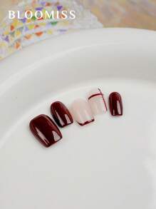 10pcs Handmade Press-On Nails, Burgundy Short Length Refined Style, Reusable Wearable Nail Tips - Burgundy - View 5