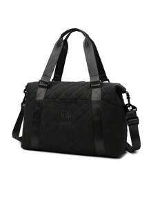 极简菱格纹刺绣手提包，女士旅行包，时尚健身包，大容量多口袋设计，干湿分离，轻便可折叠手提包，适合旅行、度假、商务、通勤、返校、文具包、学习用品 - 黑色 - 查看 7