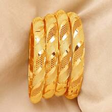 1pc Retro Style 24K Gold Plated Copper Open Bangle Bracelet, Luxury Arabian Bride Wedding Jewelry