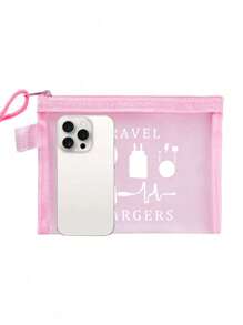 2Pcs/Set Mesh Cosmetic Bag With Data Cable Pattern,Wireless Headset Anti-Lost Rope, Wireless Earphone Silicone Hanging Strap, Red Air Cushion Storage Portable Storage Bag, Makeup Bag, Skincare Bag, Wireless Earphone Silicone Hanging Strap Travel Essentials
