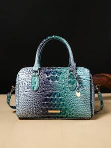 Luxury Crocodile Pattern Handbag, Retro Genuine Purse, Women's Classic Boston Bag & Shoulder Bag - 10#藍色+深藍 - 查看 1