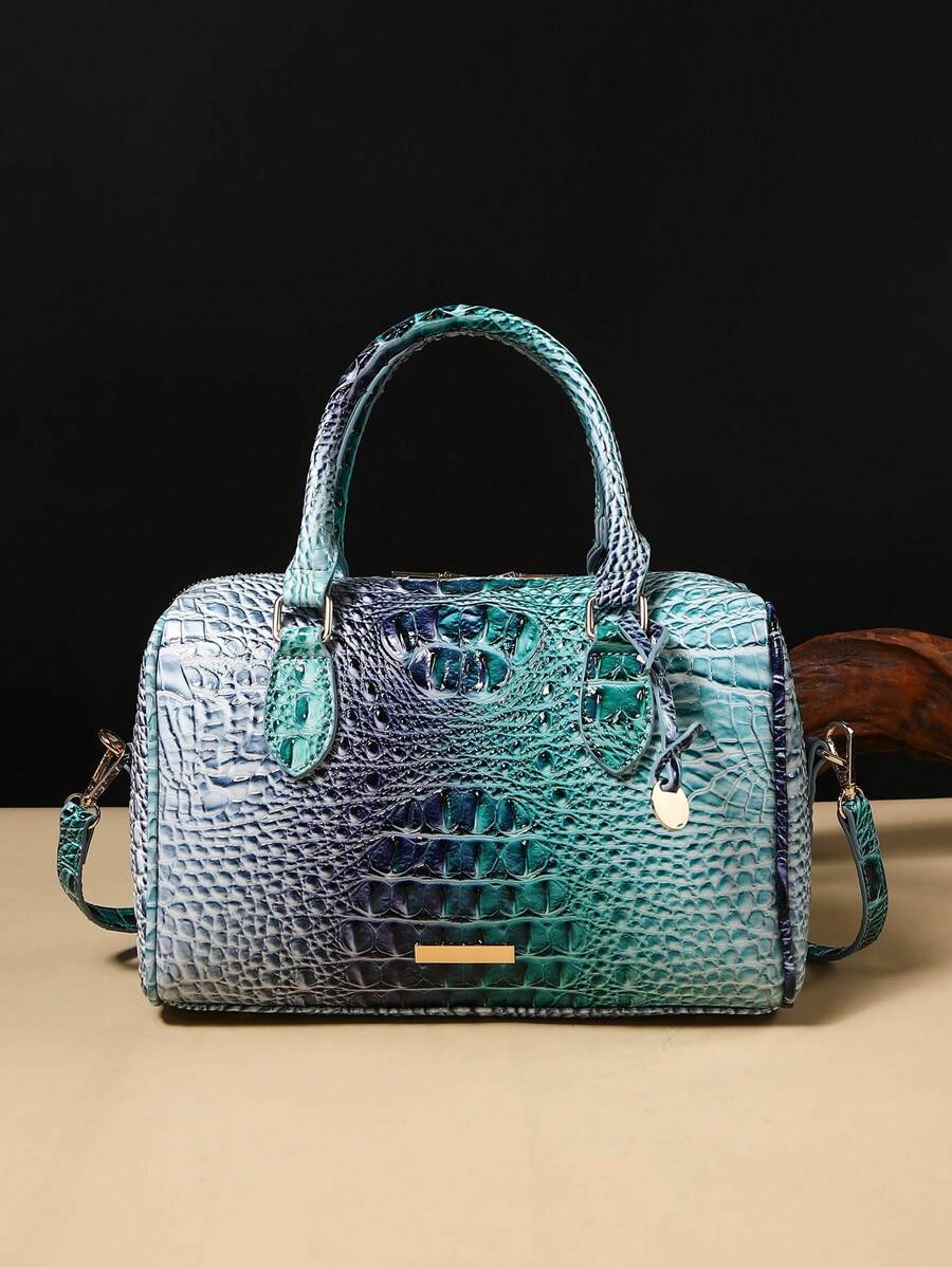 Luxury Crocodile Pattern Handbag, Retro Genuine Purse, Women's Classic Boston Bag & Shoulder Bag - 10#藍色+深藍 - 查看 1