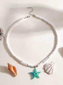 1pc Bohemian Beachy Style Resin White Faux Pearl Starfish Shell Pendant Necklace, Women Holiday Beach Party Gift, Middle East Ramadan Event