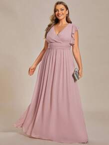 Plus Size V-Neck Solid Color Backless High Waist Ruched Pink Bridesmaid Dress, Suitable For Wedding And Autumn Wedding Guests - Pink - View 4