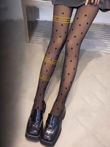 女士黑色爱心印花时尚超薄连裤袜，适合夏季通勤外出 - 黑色 - 查看 1