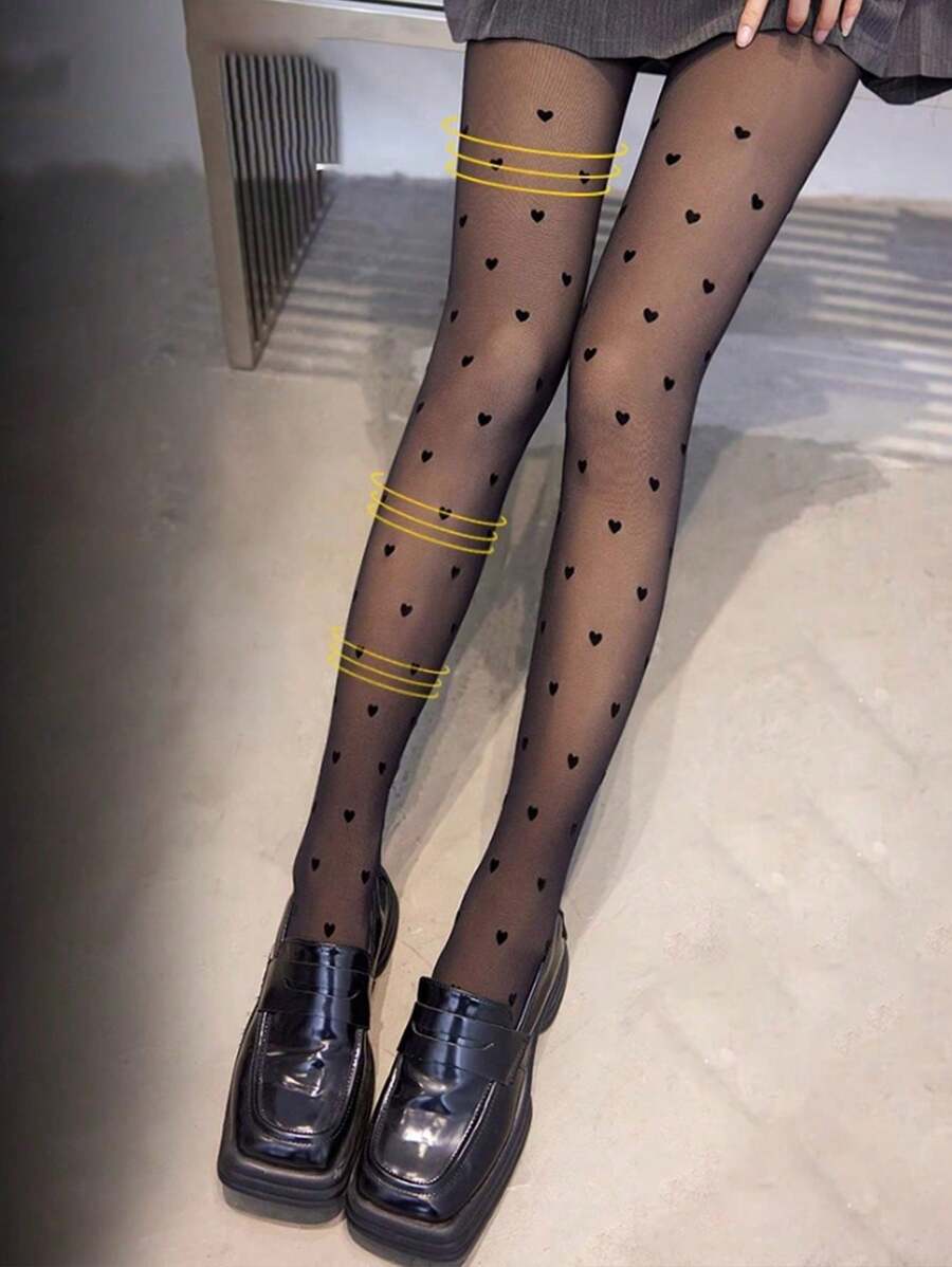 女士黑色爱心印花时尚超薄连裤袜，适合夏季通勤外出 - 黑色 - 查看 1