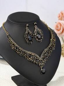 3pcs/Set Women Bride Wedding Necklace & Earrings Jewelry Set, Exquisite Party/Wedding Accessories Combination - Black - View 4
