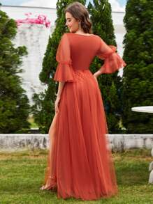 EVERPRETTY Elegant Spring V-Neck Lantern Sleeve V-Neck Mesh Burnt Orange Bridesmaid Dresses Formal Dress Wedding Guest Gown