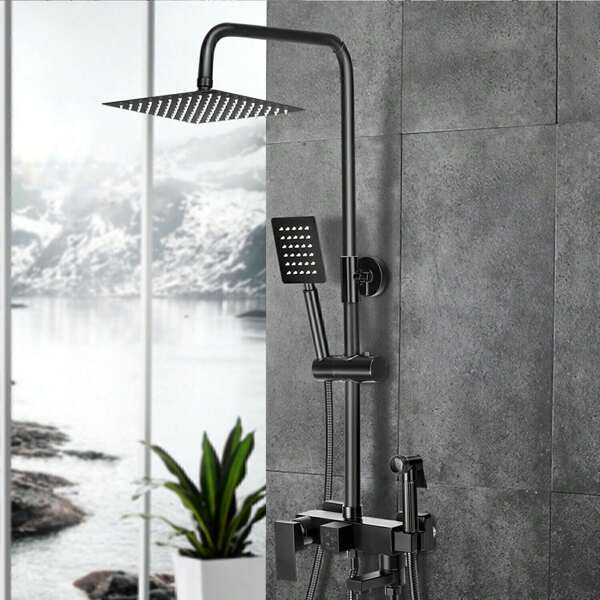 Schwarz Duschsystem Regendusche Duscharmatur Duschset Handbrause Regenbrause Schwarz, Kopfbrause, Duschkopf mit Schlauch und Halterung, Regendusche mit armatur, Duschset Quadrat