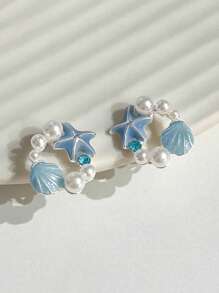 1 对女士海星贝壳仿珍珠耳环，设计精美，适合夏季海滩度假女士耳环，适合女性在日常生活、海滩派对、度假等场合佩戴 - 彩色 - 查看 6