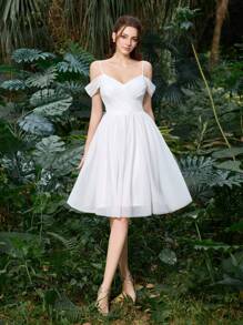 优雅涤纶薄纱半正式新娘礼服，露肩设计和蓬松薄纱裙 | 新娘送礼会和自然风活动宾客礼服，新娘 - 白色 - 查看 5