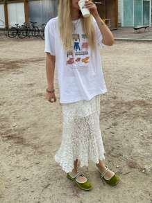 Women Lace Patchwork Long Skirt Floral Sheer Mesh See Through High Waist A-Line Midi Skirt Y2K Summer Elegant Beach Party Maxi Skirts - trắng - Xem 10