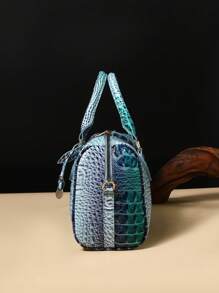 Luxury Crocodile Pattern Handbag, Retro Genuine Purse, Women's Classic Boston Bag & Shoulder Bag - 10#藍色+深藍 - 查看 3