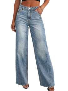 Women's Mid - Waist Loose Fit Denim Jeans With Button And Pockets - Casual Wide - Leg Trousers For Women-Fall Clothes For Women - 淺色水洗藍 - 查看 3