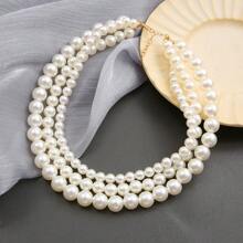 1pc Fashionable Elegant 3-Layer Faux Pearl Necklace (Pearl Surface Has Slight Imperfections) - White - View 2