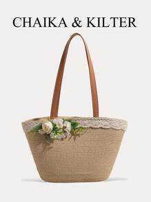 CHAIKA & KILTER 1 szt. Jednokolorowa torba z tkaniny tkanej, damska modna, swobodna torba plażowa o dużej pojemności, koronkowe wykończenie, kwiatowy podwójny uchwyt, zapięcie na zamek błyskawiczny, odpowiednia do podróży, zakupów, randek, prezentów dla kobiet, nastolatków, studentów, początkujących i pracowników umysłowych, idealna do biura, szkoły, pracy, biznesu, dojazdów, na zewnątrz, podróży, pikniku