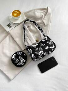 1pc Zipper Closure Fashionable And Simple Butterfly Shoulder Underarm Bag, Detachable Small Round Coin Purse, Niche Design, Comfortable Shoulder Strap, Smooth And Versatile, Suitable For Daily Outings, Play, School, Commuting, A Perfect Gift For Girls - Black - View 3