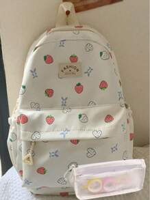 Simple Daily Backpack, Cute Kawaii Strawberry Print Backpack - Large Capacity Student School Bag, Multi-Compartment Casual Nylon Travel School Bag, Plush Pendant - Suitable For School Commuting, School Bag, Portable, Laptop Compartment - Multicolor - View 3