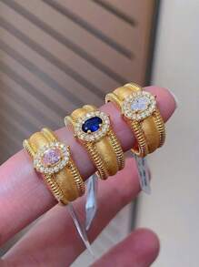 小众设计，复古鸽子蛋戒指，女款拉丝珠闪耀水钻宽面，拉丝戒指，小众时尚设计，百搭戒指，时尚高级感，优雅手链，女士日常派对配饰，时尚首饰，闺蜜礼物 - 金色 - 查看 2