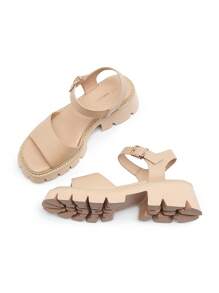 Women's Lug Sole Low Platform Summer Sandals, Stylish Open Toe Chunky Block Ankle Straps Heels Sandals For Summer/Spring - Màu be - Xem 6