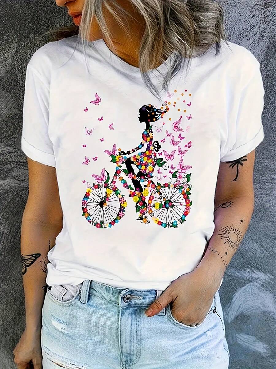 Women's Soft Pattern T-Shirt - Bicycle Print Colorful Butterflies And Flowers, Casual Summer Short Sleeve Top, Breathable Round Neck T-Shirt, Suitable For Casual Wear, Gym T-Shirt|Floral Butterfly Shirt|Soft Shirt, Women's T-Shirt - White - View 1
