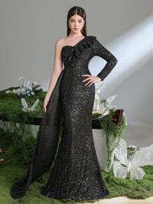 Teen Girl One Shoulder Sequin Side Draped Mermaid Party Dress