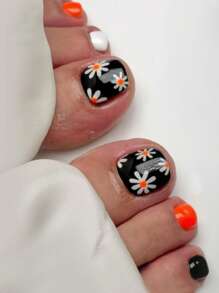 用 24 件短方形按压式脚趾甲表达您的爱意，简约优雅的白色花朵橙色雌蕊黑色假指甲时尚瓷白色脚趾甲橙色脚趾甲波西米亚风格全覆盖假脚趾甲套装，适用于女士和女孩，包括美甲沙龙用 1 块果冻凝胶和 1 个锉刀 Stri 果冻凝胶随机发货