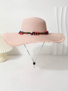 1pc Women's Colorful Beaded Decor Wide Brim Straw Hat, Breathable Summer Sun Protection With Drawstring, Suitable For Daily Matching, Beach Resort Travel, Photography, Fashion & Versatile - Straw Hat - View 6