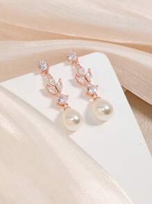 2 件叶形珍珠和方晶锆石耳环，优雅设计，适合新娘和伴娘 - 耳環 - 查看 3