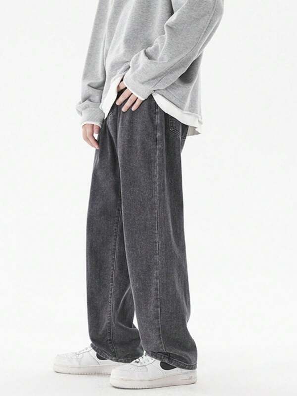 Men's Loose Fit Denim Jogger Pants With Elastic Cuffs, IN Straight Leg Casual Long Jeans