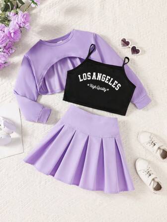 3pcs Girls Spring/Summer Fashion Set: Long Sleeve Hoodie Cape, Letter Print Camisole Top & Pleated Skirt, Best Spring Back-To-School Gift