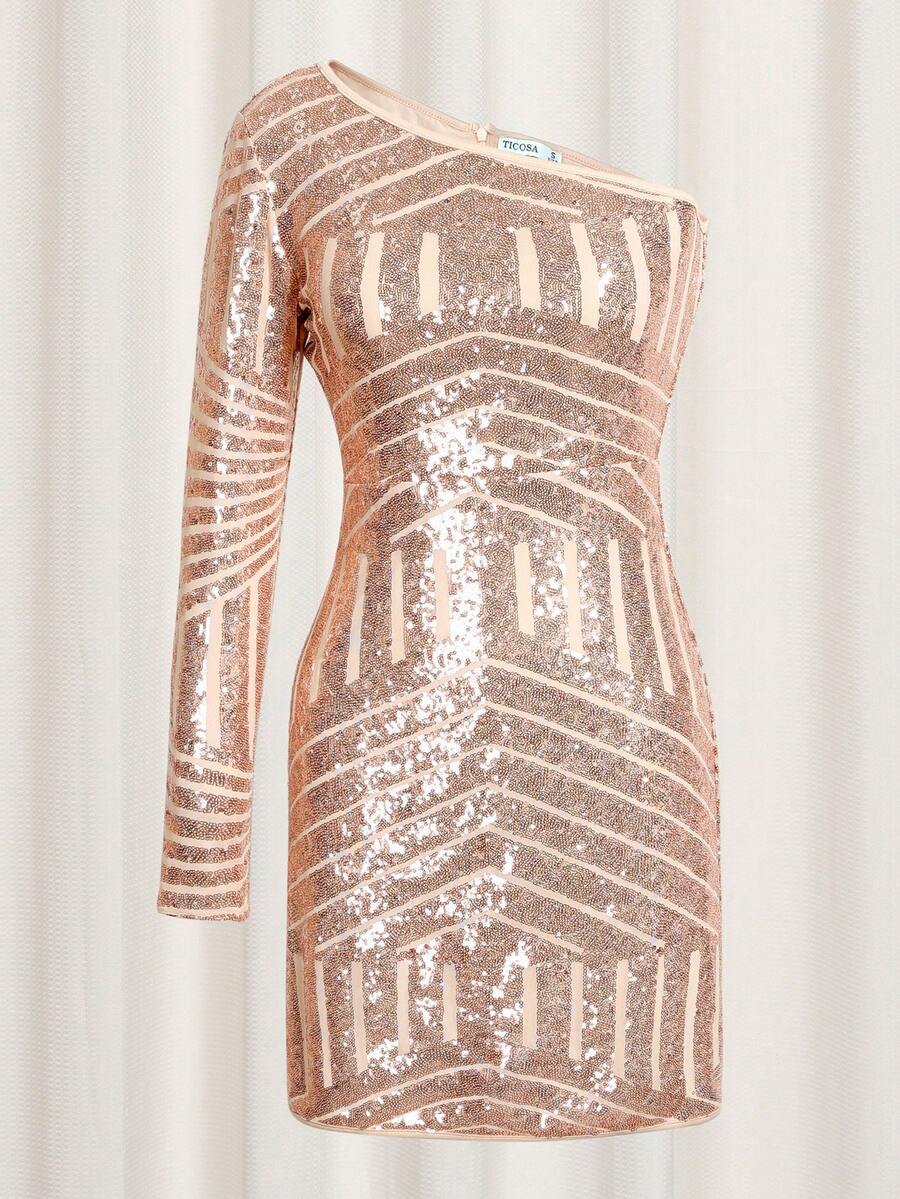 Women's Long-Sleeved Sequined Asymmetrical Neck Bodycon Party Dress, For Cocktail - Champagne - View 1