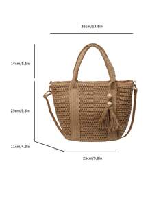 1pc Holiday Straw Shoulder Bag, Fashionable Woven Beach/Picnic Tote Bag With Tassel Decor, Casual Handmade Woven Bag Suitable For Gifts, Perfectly Matching With Vacation Outfits Women - Khaki - View 4