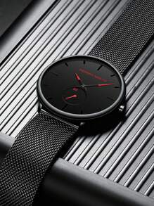 1 件 HANNAH 时尚黑色不锈钢网状表带防水男士手表，中心小秒针商务石英男士手表，适合日常商务会议和派对场合 - 黑色 - 查看 3