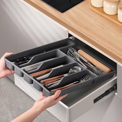 1pc Large Flatware Organizer, Kitchen Utensil Storage Tray, Plastic PP Divided Compartment Box For Cutlery, Drawer, Cupboard Organization
