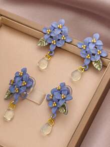 2pcs Simple Blue Floral Clip On Earrings, Minimalist Flower Non-Piercing Earrings - Blue - View 1