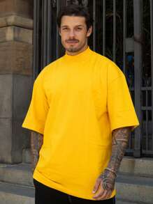 Oversized Plain Turtleneck Basic Streetwear T-Shirt For Men Unisex - 黃色 - 查看 1