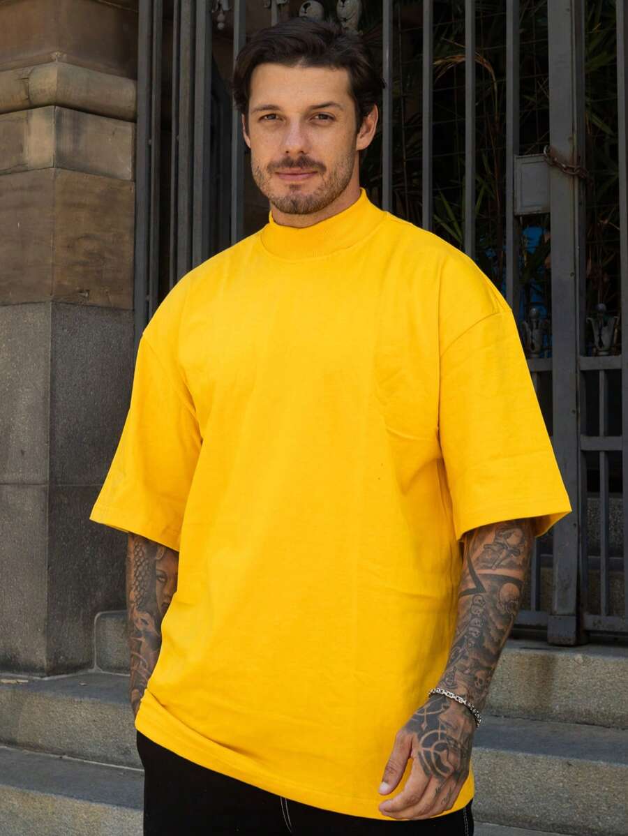 Oversized Plain Turtleneck Basic Streetwear T-Shirt For Men Unisex - 黃色 - 查看 1