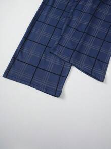 3 件套男士轻便睡衣套装，短袖衬衫和短裤或长裤，夏季格子睡衣套装 - 藏蓝色 - 查看 9