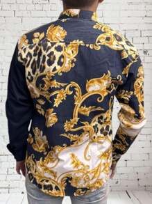 camisa para hombre manga larga con estampado barroco - Negro - Ver 3