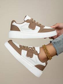 女士休闲运动鞋，系带软底平底舒适滑板鞋，轻便低帮日常鞋，秋冬季 - 白棕色 - 查看 3
