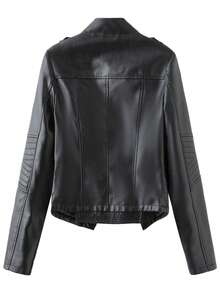 Women's Fashion Black PU Leather Motorcycle Jacket, Lapel Collar, Full Zip And Pockets, Short Length Long Sleeve, Suitable For Autumn And Spring - Black - View 8