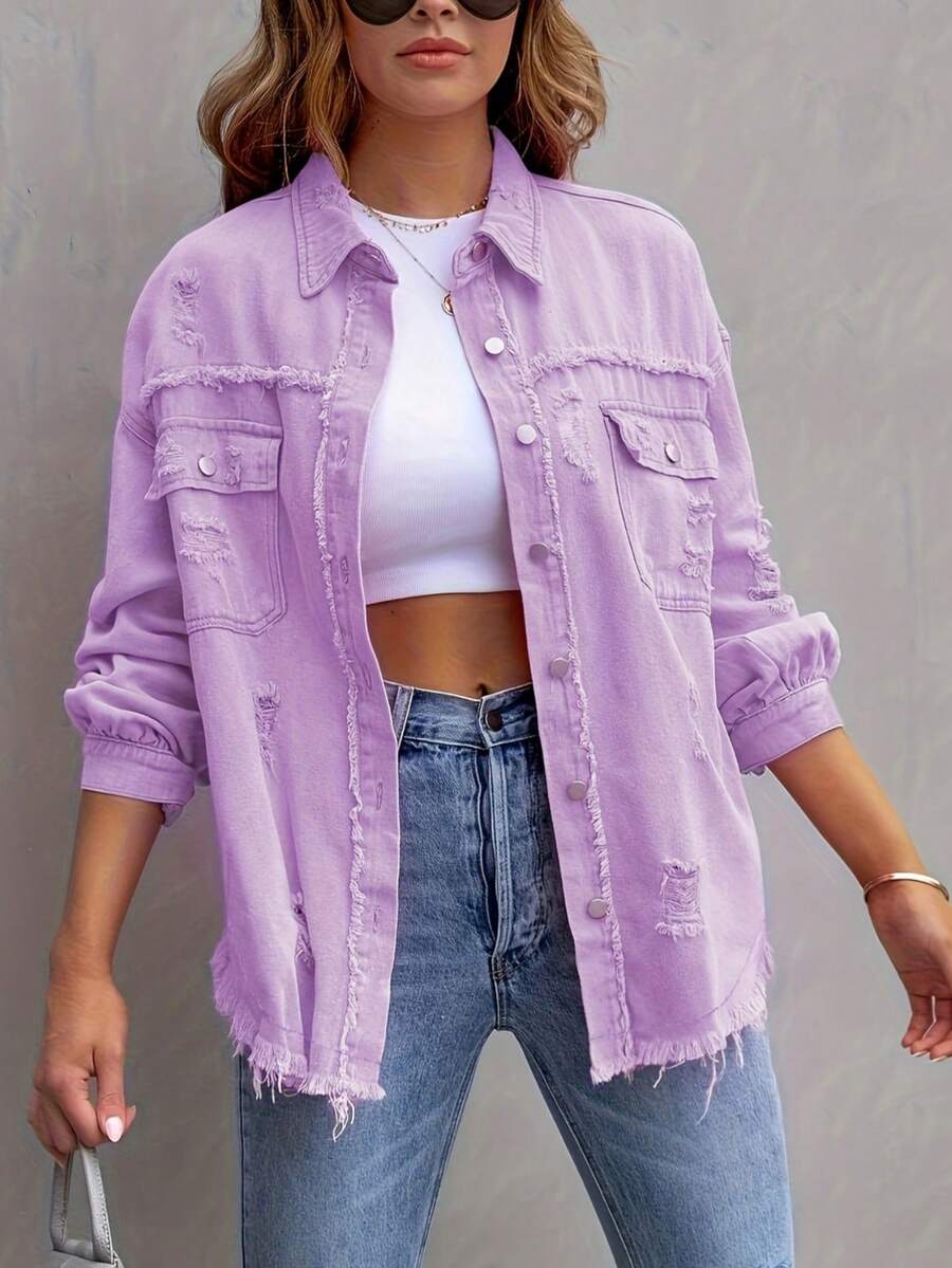 Ladies Single-Breasted Drop Shoulder Long Sleeve Denim Blouse - Mauve Purple - View 1