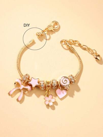 1 Vòng tay hạt pha lê vàng hình bướm, trái tim, hoa kẹo que có thể điều chỉnh, Quà tặng thanh lịch cho các cô gái