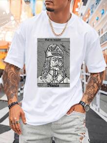 Camiseta Con Estampado Gráfico " Vlad el Empalador " - Camiseta Estampada Ligera De Cuello Redondo Para Hombre, Diseño Gráfico En Blanco Y Negro, Camiseta Informal De Verano | Camiseta Ligera Y Transpirable Con Cuello Redondo, Algodón De 220 G - Blanco - Ver 1