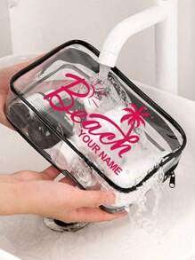 1 st Aangepaste naam strandpatroon toilettas Transparante reis toilettas, Transparante cosmetische tas, Draagbare buitenreis cosmetische opbergzakken, Multifunctionele verdikte PVC opbergzakken, Voor reizen, Unisex, Kan worden meegenomen in het vliegtuig, Must-Have voor postbodes, Must-Have voor terug naar school