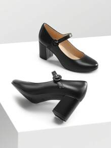 Women's Mary Janes Chunky Heel Pumps Round Toe Solid Color Comfortable Party Wedding Dress Shoes - 黑色 - 查看 2
