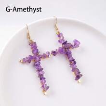 1Pair Natural Crystal Gravel Stone Cross Amethyst Eardrop Earrings Pink Crystal Reiki Eardrop Women Party Wedding Jewelry - Crushed Stone Cross Earrings - View 13